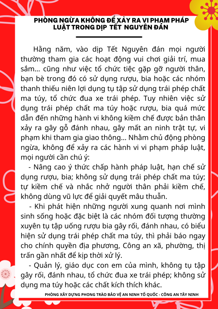 PHÒNG NGỪA KHÔNG ĐỂ XẢY RA VI PHẠM PHÁP LUẬT TRONG DỊP  TẾT  NGUYÊN ĐÁN